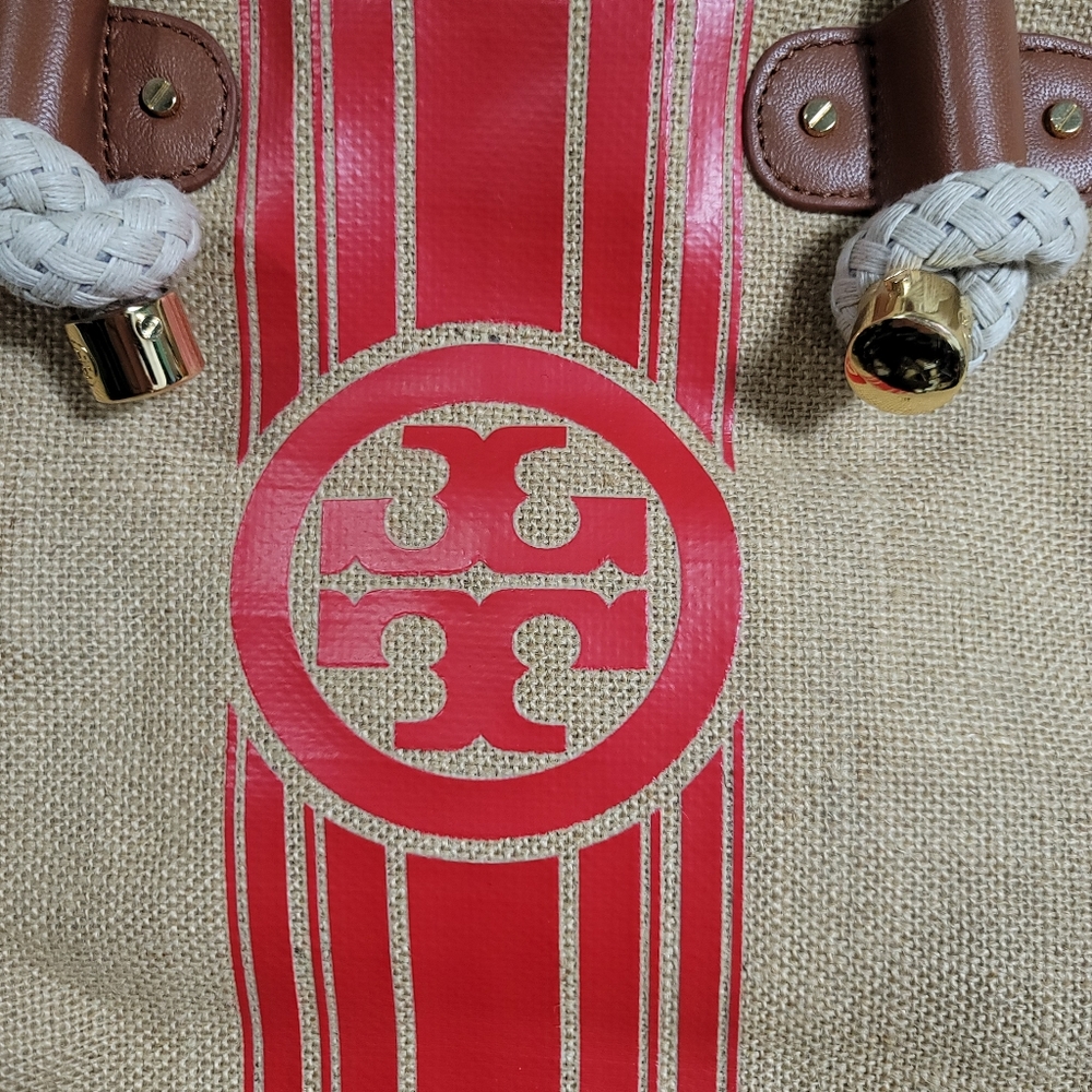 Tory Burch Stripe Shopper Natural/Red Volcano Burlap Tote *RARE* - Picture 2 of 13